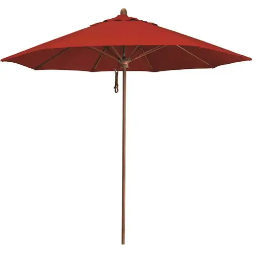 9 ft. Woodgrain Aluminum Commercial Market Patio Umbrella Fiberglass Ribs and Pulley Lift in Jockey Red Sunbrella 9 ft. Woodgrain Aluminum Commercial Market Patio Umbrella Fiberglass Ribs and Pulley Lift in Jockey Red Sunbrella