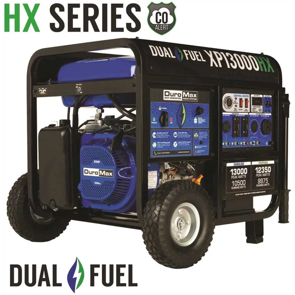 DUROMAX 13000/10500-Watt Dual Fuel Electric Start Gasoline/Propane Portable Home Power Back Up Generator with CO Alert Shutdown Blue XP13000HX