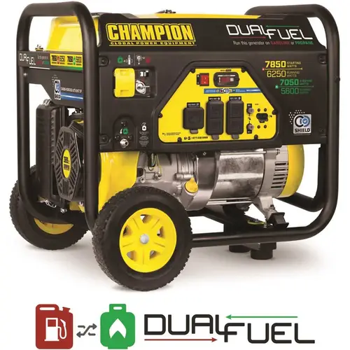 6250-Watt Gas and Propane Powered Dual-Fuel Portable Generator with CO Shield Technology Yellow 6250-Watt Gas and Propane Powered Dual-Fuel Portable Generator with CO Shield Technology Yellow