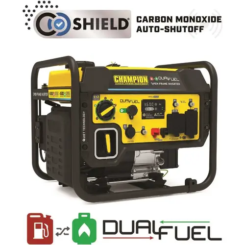 4500-Watt Recoil Start Gasoline and Propane Powered Dual Fuel Open Frame Inverter Generator with CO Shield Yellow 4500-Watt Recoil Start Gasoline and Propane Powered Dual Fuel Open Frame Inverter Generator with CO Shield Yellow