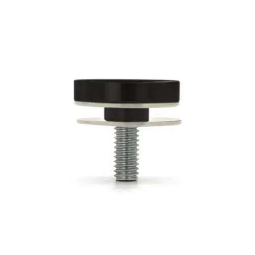 Flat Standoff Cap, Stainless Steel Material, 1" Cap Diameter, One Grommet And Two Rubber Gaskets Included, Matte Black Finish Flat Standoff Cap, Stainless Steel Material, 1" Cap Diameter, One Grommet And Two Rubber Gaskets Included, Matte Black Finish