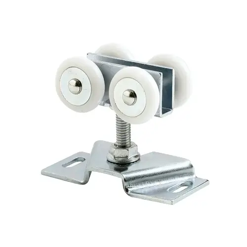 Sliding Door Roller Assembly, Steel Bracket, Plastic Rollers, 7/8" Roller Diameter, White Roller Finish, Silver Bracket Finish Sliding Door Roller Assembly, Steel Bracket, Plastic Rollers, 7/8" Roller Diameter, White Roller Finish, Silver Bracket Finish