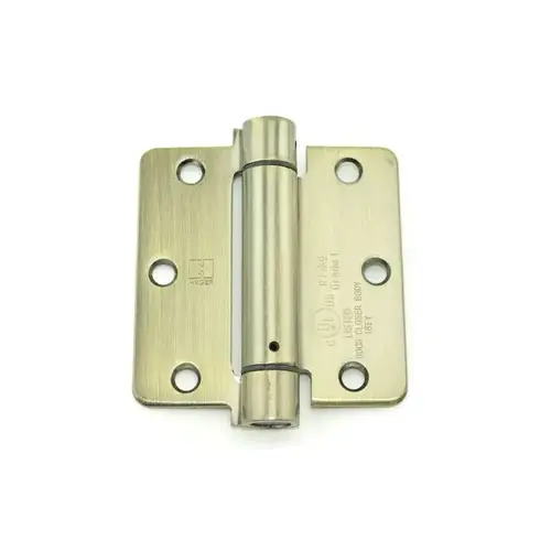 3-1/2" x 3-1/2" 1/4" Radius Corner Steel Full Mortise Residential Spring Hinge, # 118645 Antique Brass Finish 3-1/2" x 3-1/2" 1/4" Radius Corner Steel Full Mortise Residential Spring Hinge, # 118645 Antique Brass Finish