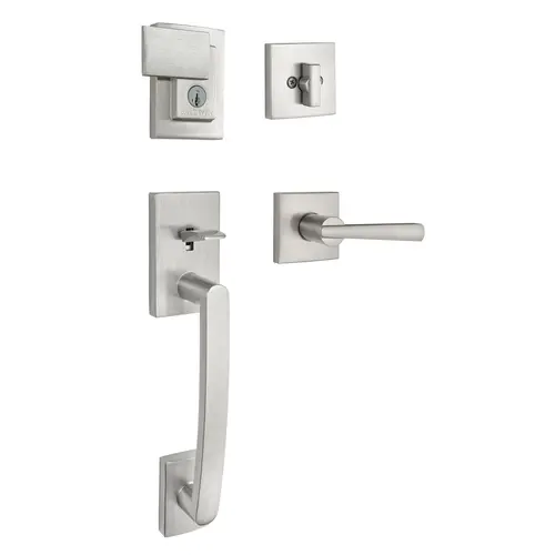 Complete Single Cylinder Spyglass By Spyglass SQR Handleset with RCAL Latch, RCS Strike, and Smart Key in New Box Satin Nickel Finish Complete Single Cylinder Spyglass By Spyglass SQR Handleset with RCAL Latch, RCS Strike, and Smart Key in New Box Satin Nickel Finish