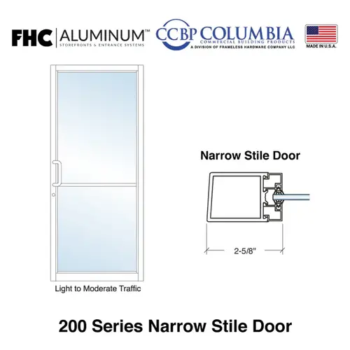 200 Series Narrow Stile Single Aluminum Door with 2-1/4" Top Rail and 3-1/4" Bottom Rail - 1/4" Glass Stops - Offset Pivots - Satin Anodized - Standard Size and Prep 200 Series Narrow Stile Single Aluminum Door with 2-1/4" Top Rail and 3-1/4" Bottom Rail - 1/4" Glass Stops - Offset Pivots - Satin Anodized - Standard Size and Prep
