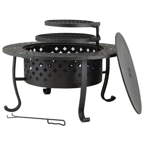 Fire Pit with Cooking Grate, 36 in OAW, 36 in OAD, 27-7/8 in OAH, Round, Wood Ignition Black Fire Pit with Cooking Grate, 36 in OAW, 36 in OAD, 27-7/8 in OAH, Round, Wood Ignition Black
