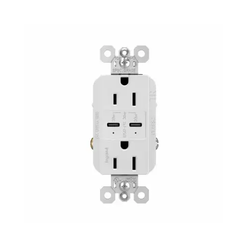 Tamper-Resistant 15A Duplex Outlet with Ultra-Fast Type C/C USB, White Tamper-Resistant 15A Duplex Outlet with Ultra-Fast Type C/C USB, White