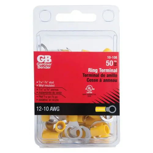 Ring Terminal, 600 V, 12 to 10 AWG Wire, 1/4 to 3/8 in Stud, Vinyl Insulation, Yellow - pack of 50 Ring Terminal, 600 V, 12 to 10 AWG Wire, 1/4 to 3/8 in Stud, Vinyl Insulation, Yellow - pack of 50
