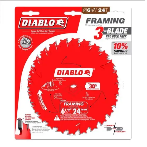 Framing Saw Blade, 6-1/2 in Dia, 5/8 in Arbor, 24-Teeth, Carbide Cutting Edge - pack of 3