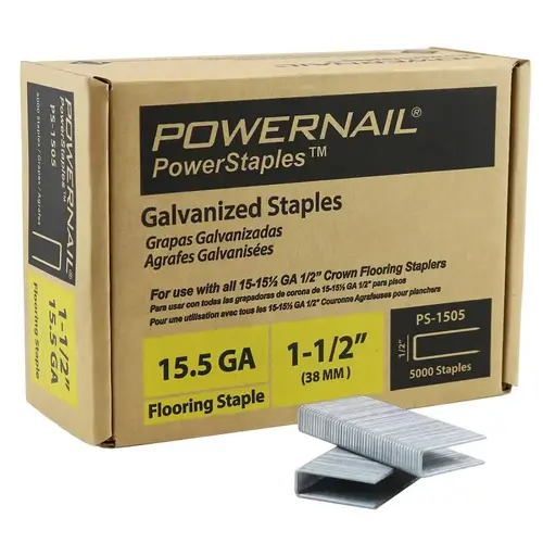 PowerStaples Flooring Staple, 1/2 in W Crown, 1-1/2 in L Leg, 15.5 ga, Carbon Steel, Galvanized/Zinc - pack of 5000 PowerStaples Flooring Staple, 1/2 in W Crown, 1-1/2 in L Leg, 15.5 ga, Carbon Steel, Galvanized/Zinc - pack of 5000