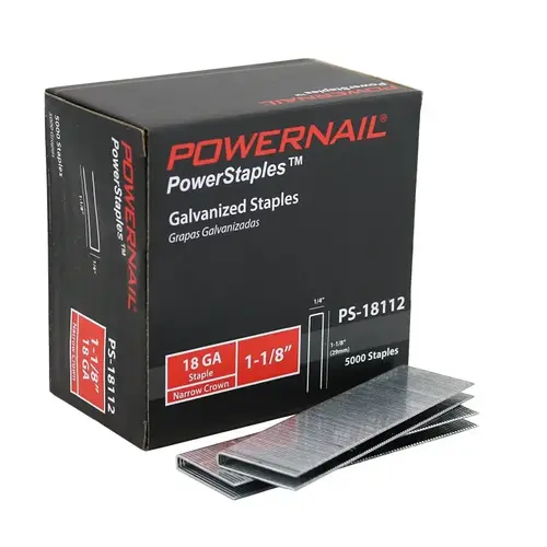 PowerStaples PS18112 Fine Wire Staple, 1/4 in W Crown, 1-1/8 in L Leg, 18 ga, Carbon Steel - pack of 5000 PowerStaples PS18112 Fine Wire Staple, 1/4 in W Crown, 1-1/8 in L Leg, 18 ga, Carbon Steel - pack of 5000