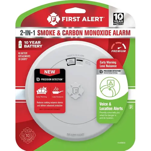 Smoke and Carbon Monoxide Detector 10 Year Battery-Powered Photoelectric White
