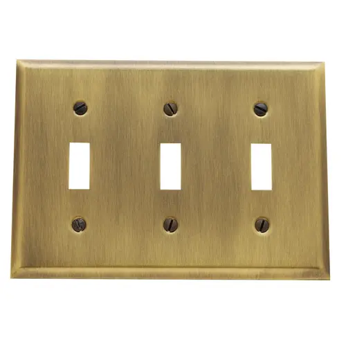 Triple Toggle Beveled Switch Plate Antique Brass Finish Triple Toggle Beveled Switch Plate Antique Brass Finish