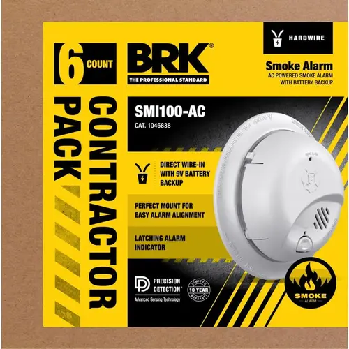 Smoke Detector 6 PK Hard-Wired w/Battery Back-up Ionization White