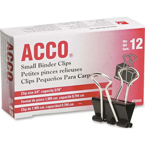 SMALL BINDER CLIPS, STEEL WIRE, 5/16 IN. CAP., 3/4 IN.W, BLACK/SILVER, DOZEN SMALL BINDER CLIPS, STEEL WIRE, 5/16 IN. CAP., 3/4 IN.W, BLACK/SILVER, DOZEN