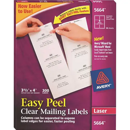 AVERY EASY PEEL LASER MAILING LABELS, 3-1/3 X 4, CLEAR AVERY EASY PEEL LASER MAILING LABELS, 3-1/3 X 4, CLEAR