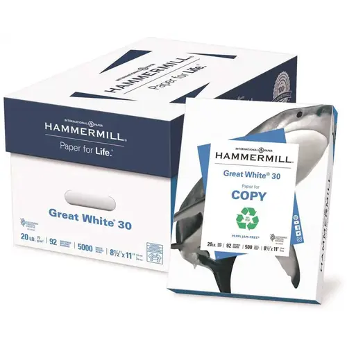 Great White 20 lbs. 8-1/2 in. x 11 in. Recycled Copy Paper 92 Brightness (5000 Sheets/Carton) - pack of 10 Great White 20 lbs. 8-1/2 in. x 11 in. Recycled Copy Paper 92 Brightness (5000 Sheets/Carton) - pack of 10