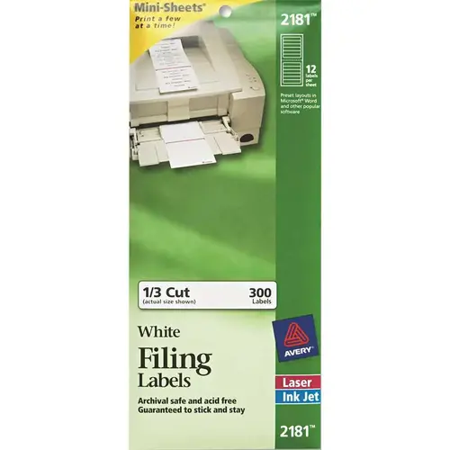 AVERY FILE FOLDER LABELS ON MINI-SHEETS, 2/3 X 3-7/16, WHITE AVERY FILE FOLDER LABELS ON MINI-SHEETS, 2/3 X 3-7/16, WHITE