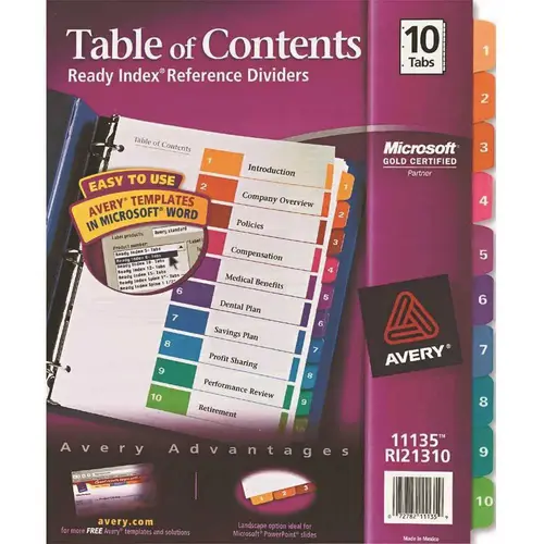 Ready Index Contemporary Table of Contents Divider 1-10 Letter Multicolor