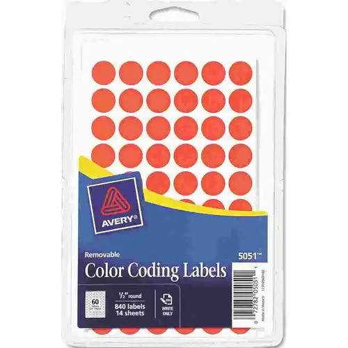 AVERY REMOVABLE SELF-ADHESIVE COLOR-CODING LABELS, 1/2IN DIA, NEON RED AVERY REMOVABLE SELF-ADHESIVE COLOR-CODING LABELS, 1/2IN DIA, NEON RED