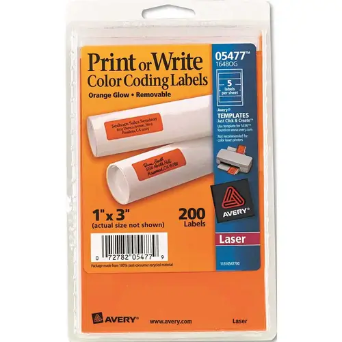 AVERY PRINT OR WRITE REMOVABLE COLOR-CODING LASER LABELS, 1 X 3, NEON ORANGE AVERY PRINT OR WRITE REMOVABLE COLOR-CODING LASER LABELS, 1 X 3, NEON ORANGE