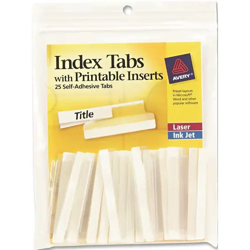 AVERY SELF-ADHESIVE TABS WITH WHITE PRINTABLE INSERTS, TWO INCH, CLEAR TAB AVERY SELF-ADHESIVE TABS WITH WHITE PRINTABLE INSERTS, TWO INCH, CLEAR TAB