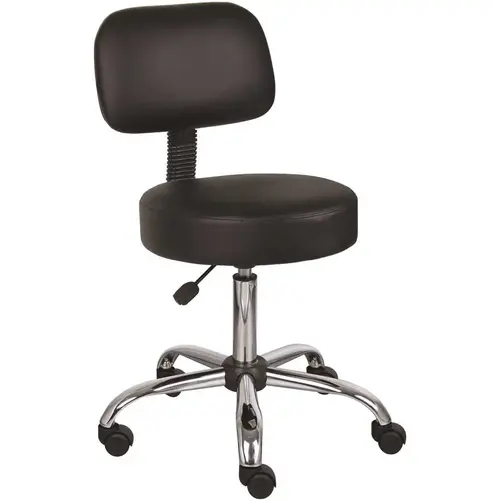 Black Vinyl Task Stool with Back Rest, Chrome Base and Seat Height Adjustment