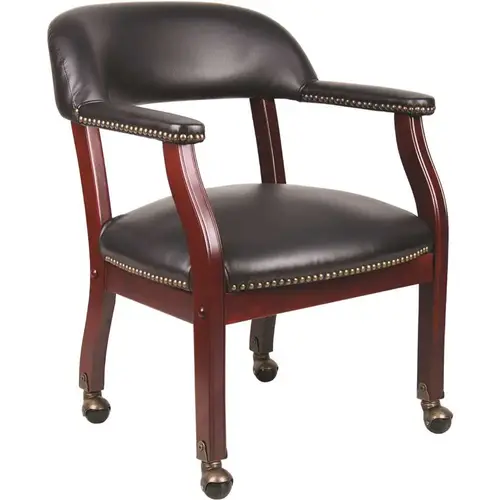 Black Caresoft Vinyl Traditional Rolling Captains Chair, Mahogany Wood Finish, Brass Hooded Casters Black Caresoft Vinyl Traditional Rolling Captains Chair, Mahogany Wood Finish, Brass Hooded Casters