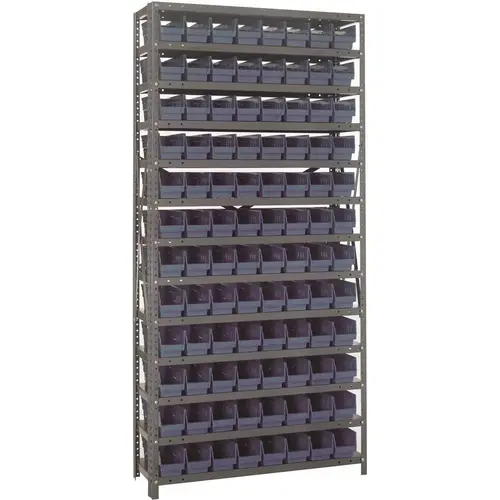 Economy 4 in. Shelf Bin 12 in. x 36 in. x 75 in. 13-Tier Shelving System Complete with QSB101 Blue Bins Economy 4 in. Shelf Bin 12 in. x 36 in. x 75 in. 13-Tier Shelving System Complete with QSB101 Blue Bins