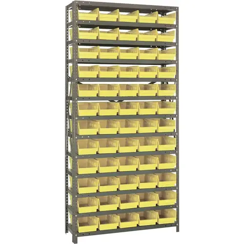 Economy 4 in. Shelf Bin 18 in. x 36 in. x 75 in. 13-Tier Shelving System Complete with QSB104 Yellow Bins Economy 4 in. Shelf Bin 18 in. x 36 in. x 75 in. 13-Tier Shelving System Complete with QSB104 Yellow Bins