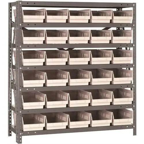 Economy 4 in. Shelf Bin 12 in. x 36 in. x 39 in. 7-Tier Shelving System Complete with QSB102 Ivory Bins Economy 4 in. Shelf Bin 12 in. x 36 in. x 39 in. 7-Tier Shelving System Complete with QSB102 Ivory Bins
