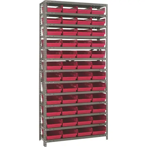 Economy 4 in. Shelf Bin 18 in. x 36 in. x 75 in. 13-Tier Shelving System Complete with QSB108 Red Bins Economy 4 in. Shelf Bin 18 in. x 36 in. x 75 in. 13-Tier Shelving System Complete with QSB108 Red Bins
