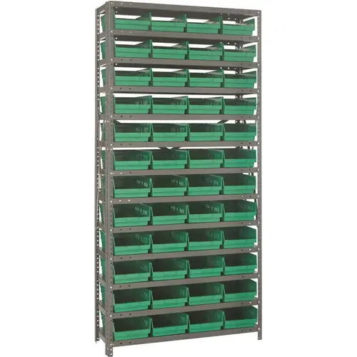 Economy 4 in. Shelf Bin 18 in. x 36 in. x 75 in. 13-Tier Shelving System Complete with QSB108 Green Bins Economy 4 in. Shelf Bin 18 in. x 36 in. x 75 in. 13-Tier Shelving System Complete with QSB108 Green Bins