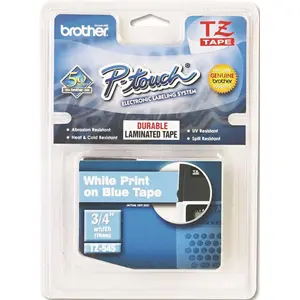 BROTHER INTL. CORP. 10164413 TZ STANDARD ADHESIVE LAMINATED LABELING TAPE, 3/4 IN. W, WHITE ON BLUE
