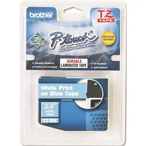 TZ STANDARD ADHESIVE LAMINATED LABELING TAPE, 3/4 IN. W, WHITE ON BLUE