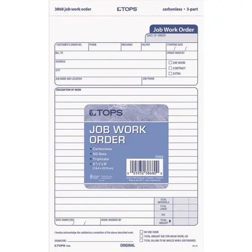 5-1/2 in. x 8-1/2 in. Snap-Off Job Work Order Form 3-Part Carbonless 50 Forms Assorted