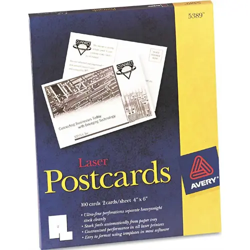 AVERY AVERY LASER POSTCARDS, 4 X 6, TWO PER SHEET White AVERY AVERY LASER POSTCARDS, 4 X 6, TWO PER SHEET White