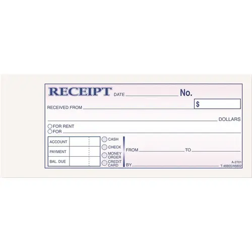 RECEIPT BOOK, 2-3/4 X 7-3/16, THREE-PART CARBONLESS, 50 FORMS RECEIPT BOOK, 2-3/4 X 7-3/16, THREE-PART CARBONLESS, 50 FORMS