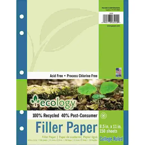 ECOLOGY FILLER PAPER, 16-LB., 8-1/2 X 11, COLLEGE RULED, WHITE, 150 SHEETS/PACK