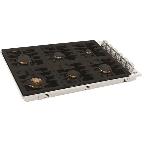 36 in. 6 Burner Top Control Porcelain Gas Cooktop with Brass Burners in Stainless Steel 36 in. 6 Burner Top Control Porcelain Gas Cooktop with Brass Burners in Stainless Steel