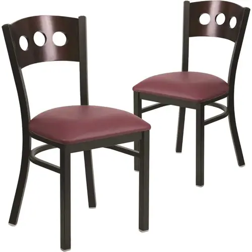 Walnut Wood Back/Burgundy Vinyl Seat/Black Metal Frame Restaurant Chairs Walnut Wood Back/Burgundy Vinyl Seat/Black Metal Frame Restaurant Chairs