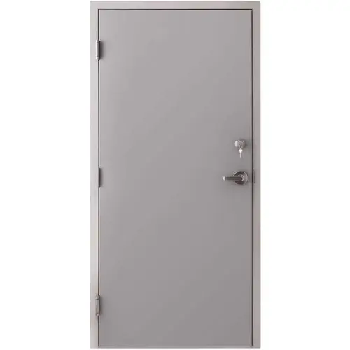 36 in. x 84 in. Fire-Rated Gray Left-Hand Flush Steel Prehung Commercial Door with Welded Frame, Deadlock and Hardware