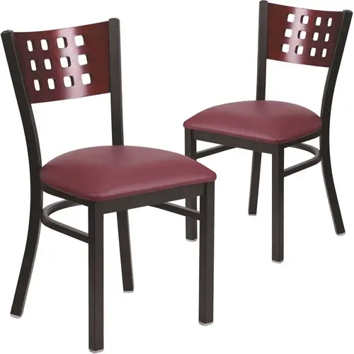Mahogany Wood Back/Burgundy Vinyl Seat/Black Metal Frame Restaurant Chairs Mahogany Wood Back/Burgundy Vinyl Seat/Black Metal Frame Restaurant Chairs