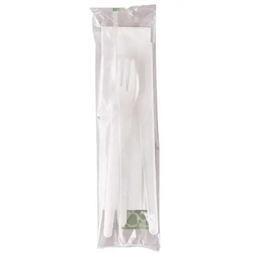 6 in. Plant Ware White Wrapped Compostable Cutlery Kit with Fork, Knife, Spoon and Napkin - pack of 250 6 in. Plant Ware White Wrapped Compostable Cutlery Kit with Fork, Knife, Spoon and Napkin - pack of 250