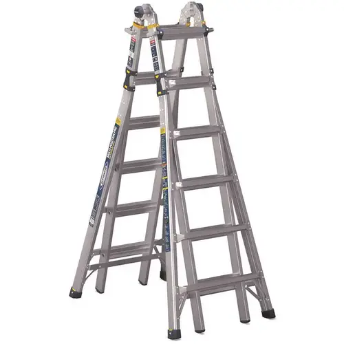 26 ft. Reach Aluminum 5-in-1 Multi-Position Pro Ladder with Powerlite Rails 375 lbs. Load Capacity Type IAA Duty Rating 26 ft. Reach Aluminum 5-in-1 Multi-Position Pro Ladder with Powerlite Rails 375 lbs. Load Capacity Type IAA Duty Rating