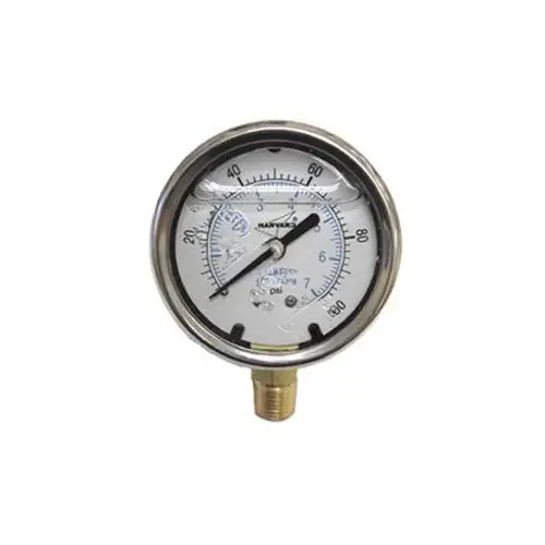 2 1/2" Liquid Filled Stainless Steel Pressure Gauge With 1/4" Mip Lower Mount Gold 2 1/2" Liquid Filled Stainless Steel Pressure Gauge With 1/4" Mip Lower Mount Gold