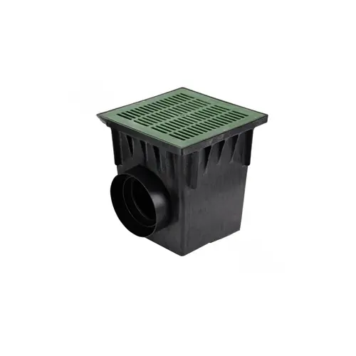 18" Black Square Catch Basin Drain Kit With Green Plastic Grate