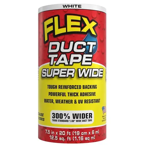 Flex Seal Super Wide Duct Tape, 20 ft L, 7-1/2 in W, White Flex Seal Super Wide Duct Tape, 20 ft L, 7-1/2 in W, White