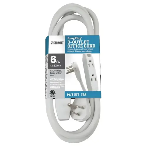 SnugPlug Extension Cord, 14/3 AWG Cable, 6 ft L, 15 A, 125 V, White