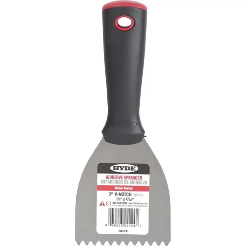 Adhesive Spreader, 3 in W Blade, Notched Blade, HCS Blade, Polypropylene Handle